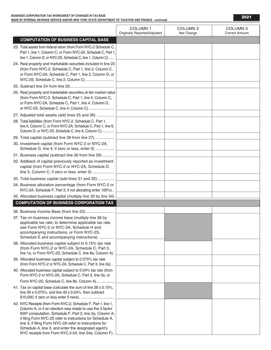 Business Corporation Tax Worksheet of Changes in Tax Base Made by Internal Revenue Service and / or New York State Department of Taxation and Finance - New York City, Page 2