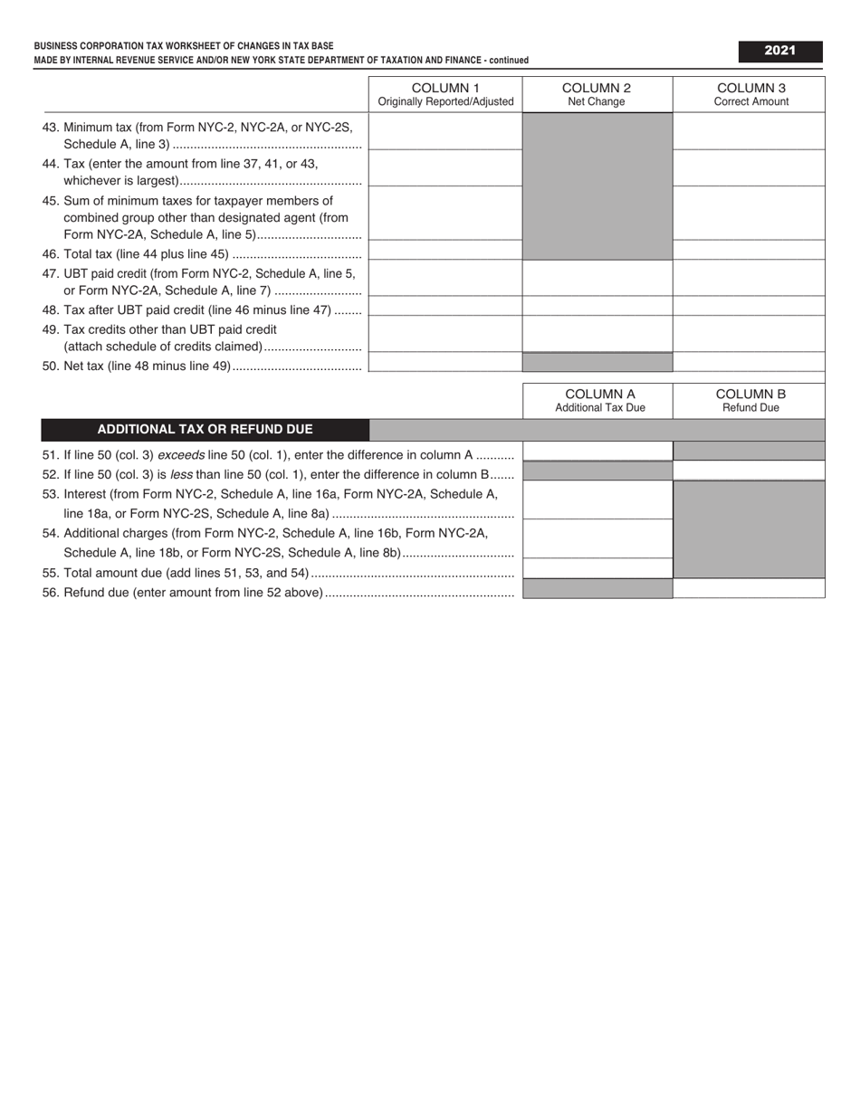 Business Corporation Tax Worksheet of Changes in Tax Base Made by Internal Revenue Service and / or New York State Department of Taxation and Finance - New York City, Page 3