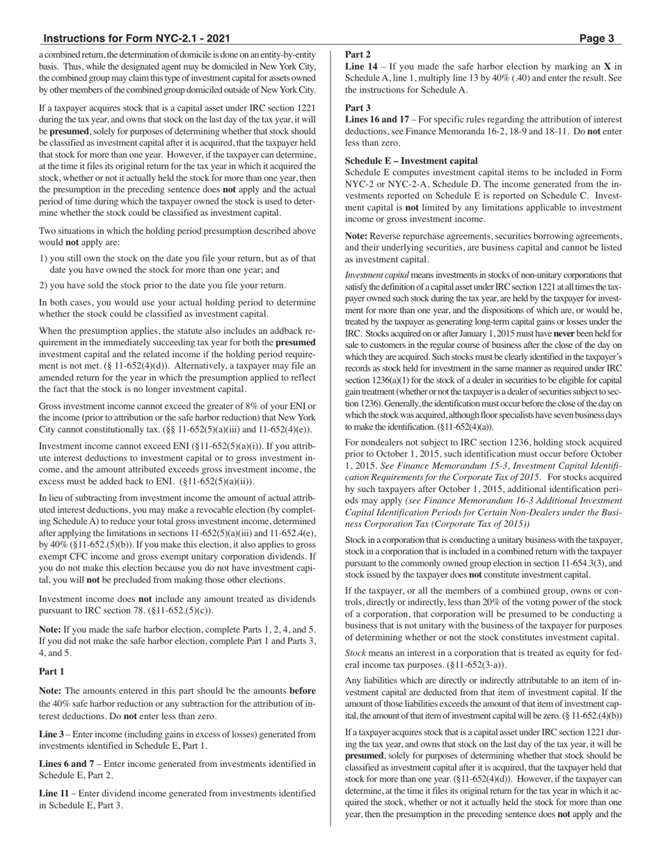 Instructions for Form NYC-2.1 Investment and Other Exempt Income and Investment Capital - New York City, Page 3