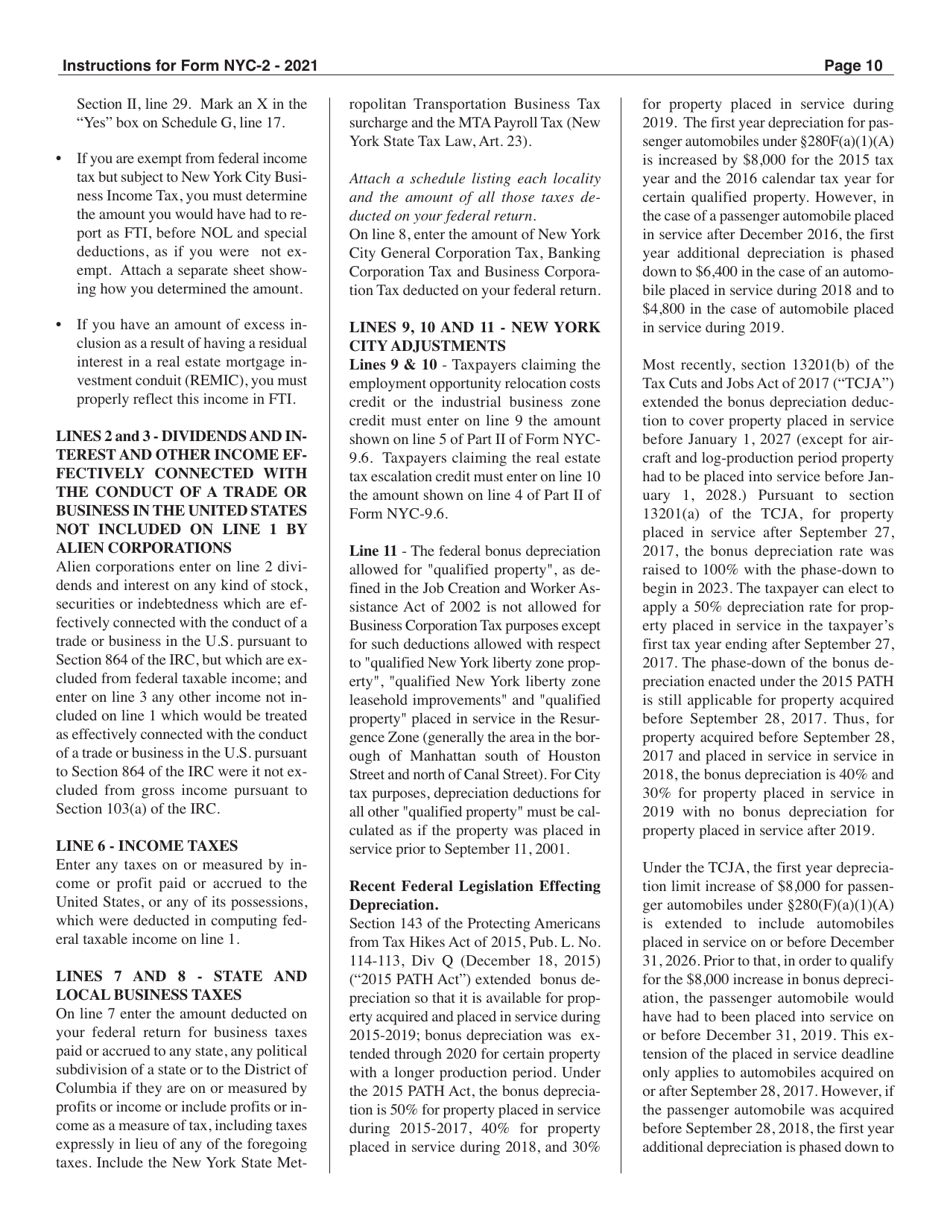 Instructions for Form NYC-2 Business Corporation Tax Return - New York City, Page 10
