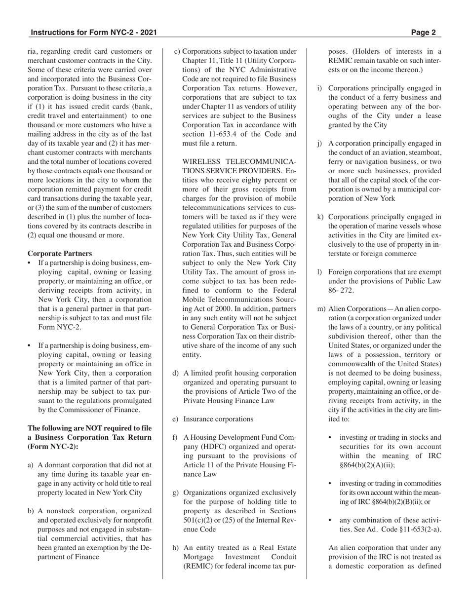Download Instructions for Form NYC2 Business Corporation Tax Return PDF, 2021 Templateroller