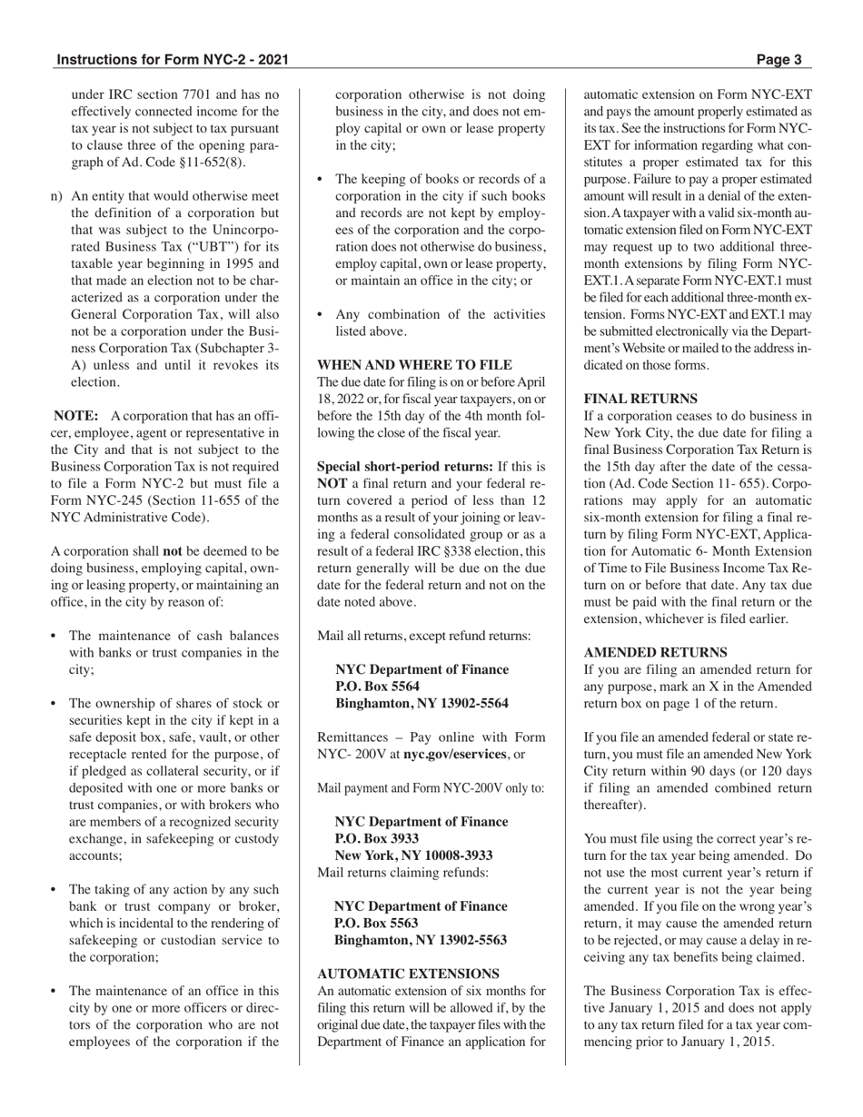 Download Instructions for Form NYC2 Business Corporation Tax Return PDF, 2021 Templateroller