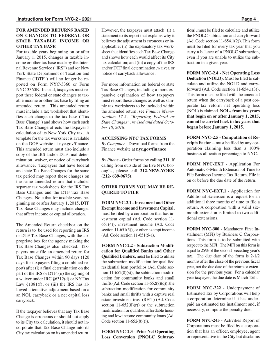 Download Instructions for Form NYC2 Business Corporation Tax Return PDF, 2021 Templateroller