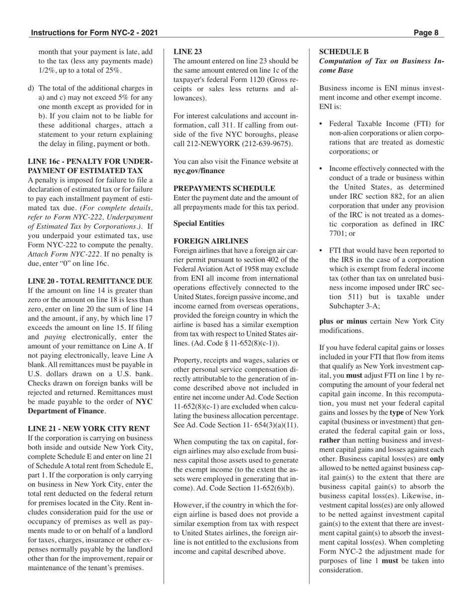 Download Instructions for Form NYC2 Business Corporation Tax Return PDF, 2021 Templateroller