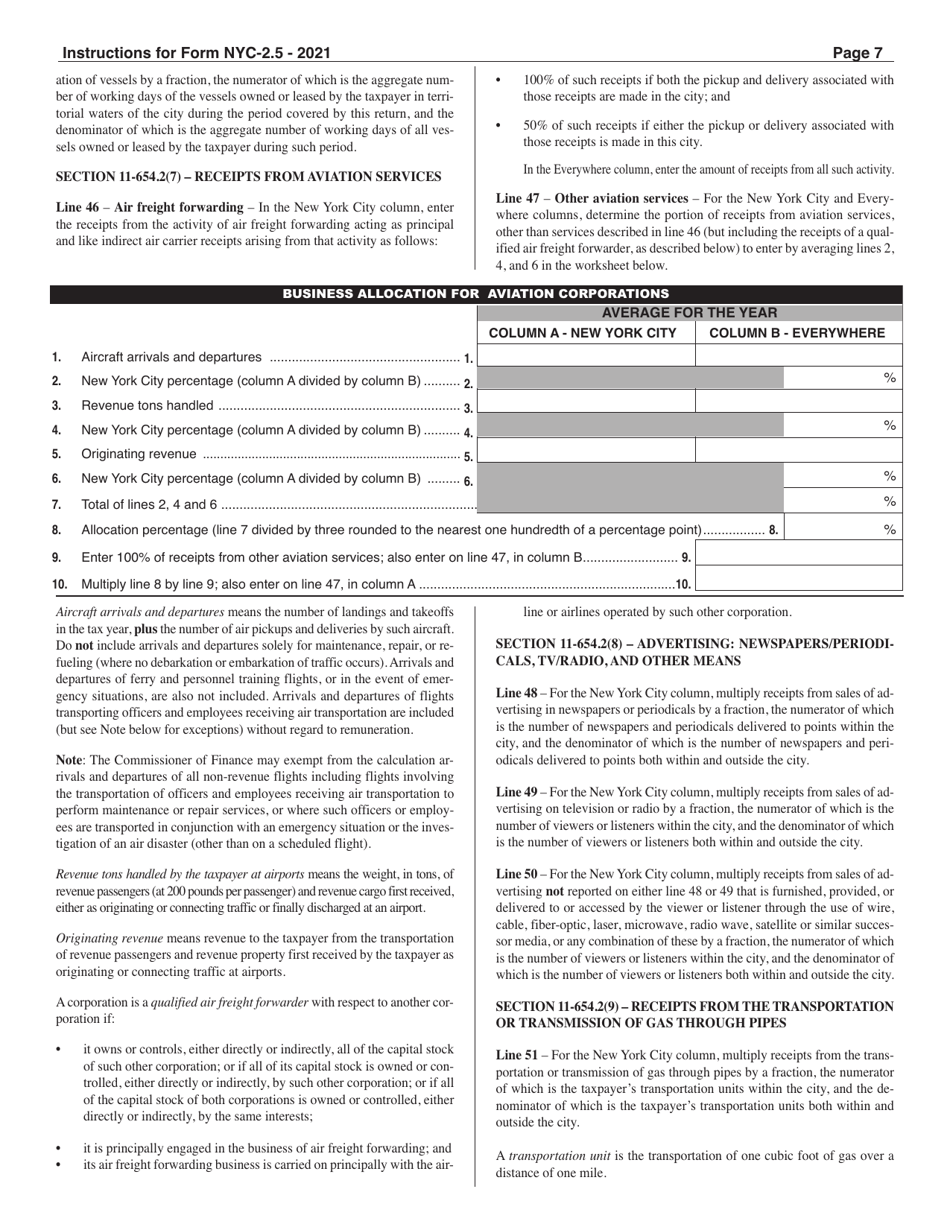 Instructions for Form NYC-2.5 Computation of Receipts Factor - New York City, Page 7