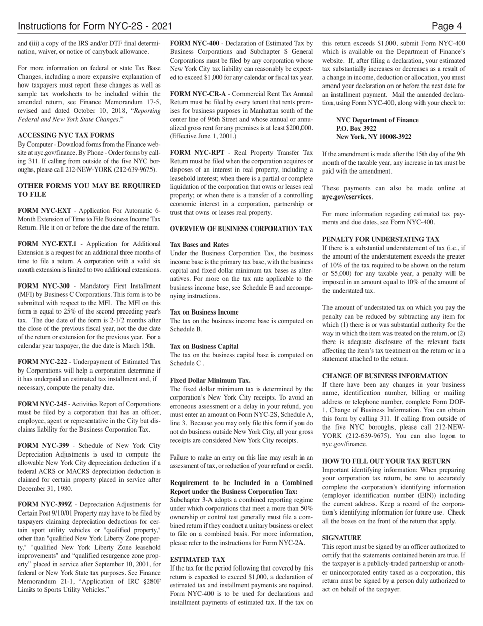 Instructions for Form NYC-2S Business Corporation Tax Return - Short Form - New York City, Page 4