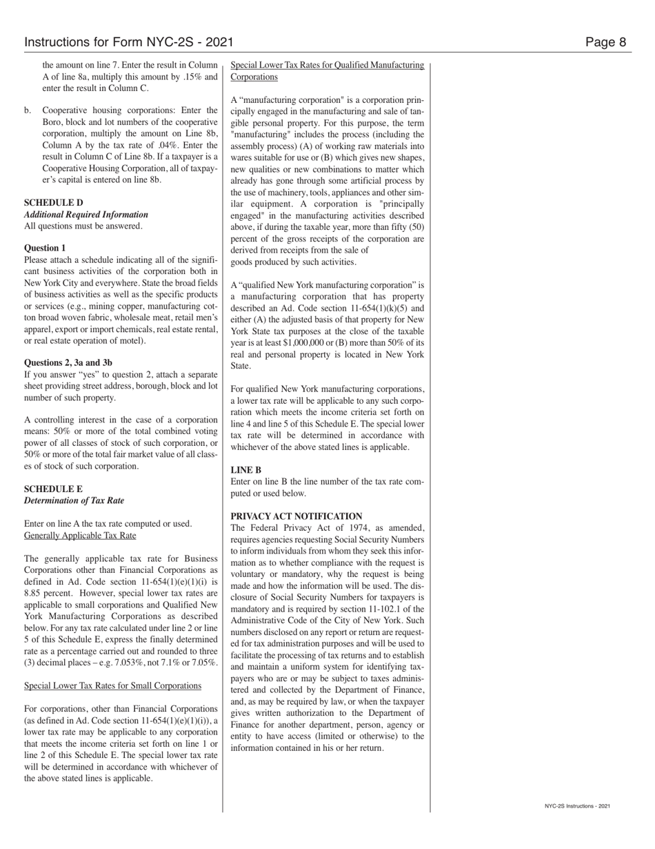 Instructions for Form NYC-2S Business Corporation Tax Return - Short Form - New York City, Page 8
