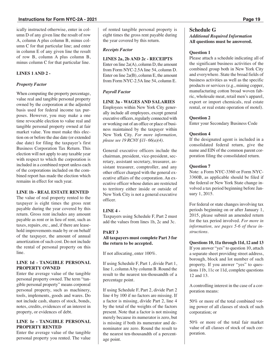 Instructions for Form NYC-2A Combined Business Corporation Tax Return - New York City, Page 19
