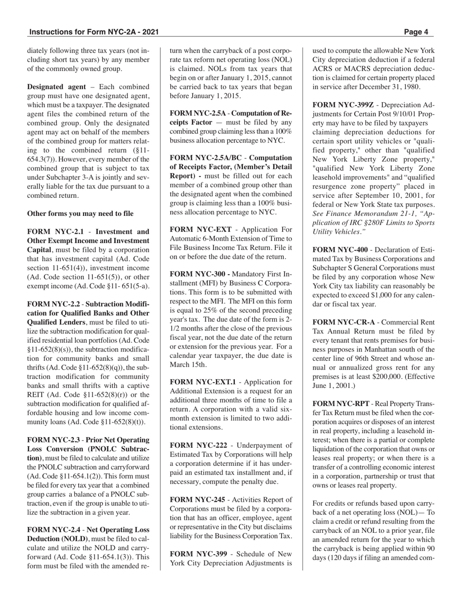 Instructions for Form NYC-2A Combined Business Corporation Tax Return - New York City, Page 4