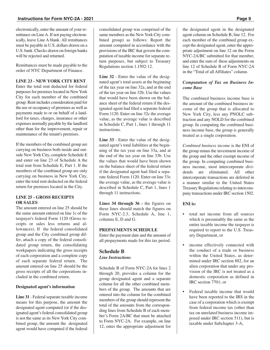 Instructions for Form NYC-2A Combined Business Corporation Tax Return - New York City, Page 9