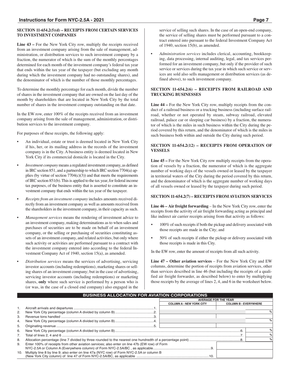 Instructions for Form NYC-2.5A Computation of Receipts Factor - New York City, Page 7