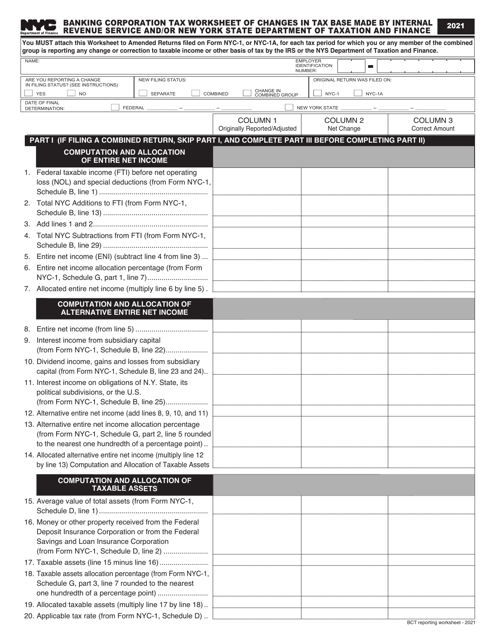 Banking Corporation Tax Worksheet of Changes in Tax Base Made by Internal Revenue Service and/or New York State Department of Taxation and Finance - New York City, 2021