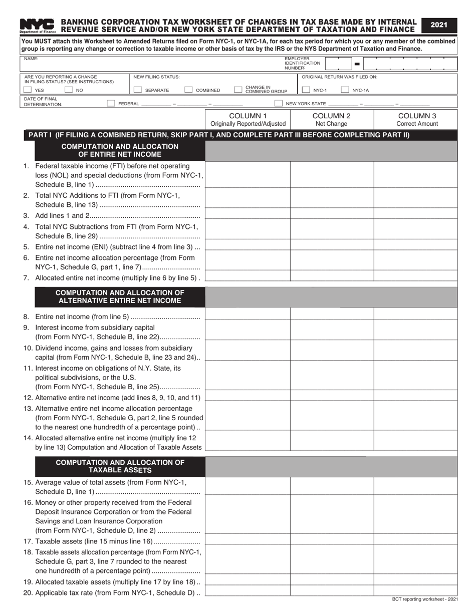 Banking Corporation Tax Worksheet of Changes in Tax Base Made by Internal Revenue Service and / or New York State Department of Taxation and Finance - New York City, Page 1