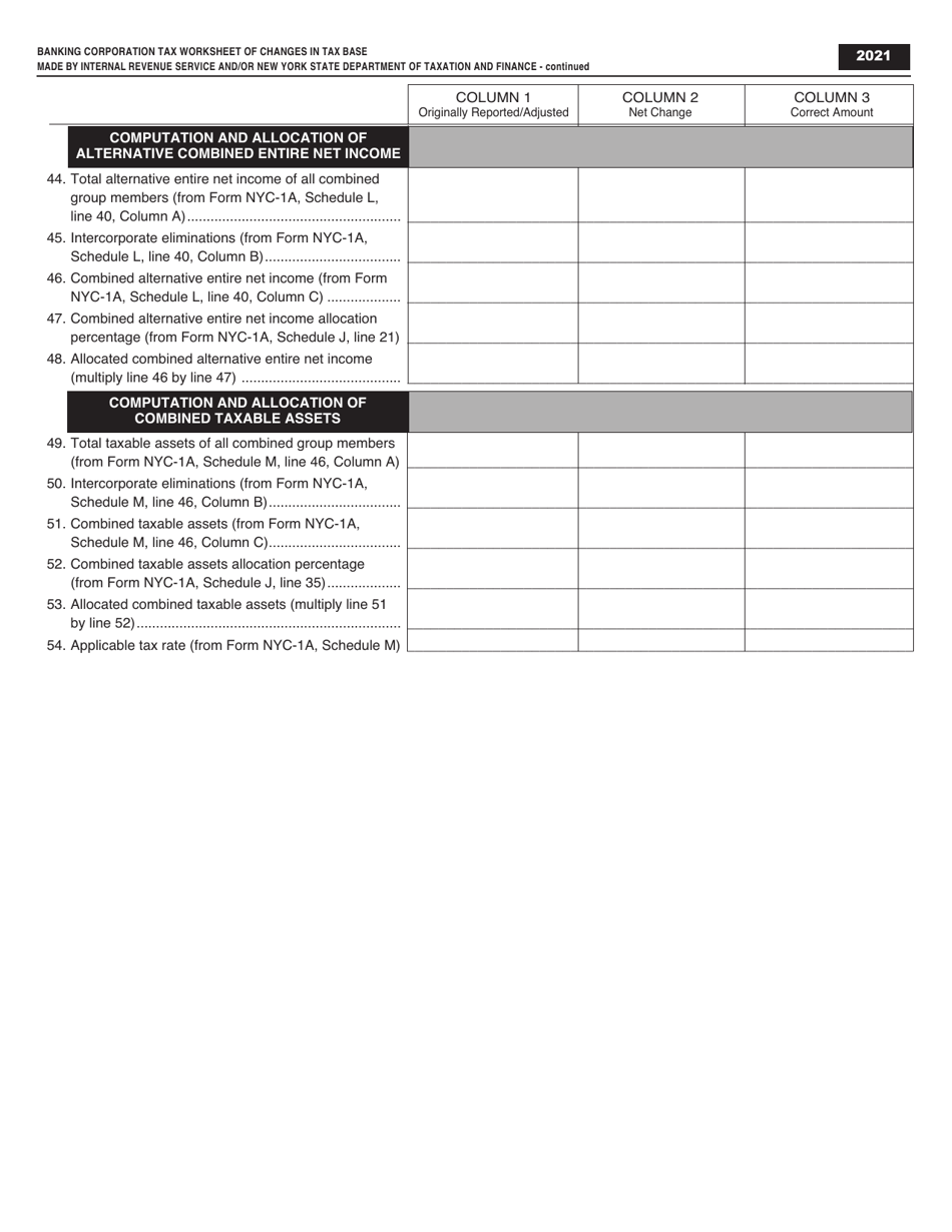 Banking Corporation Tax Worksheet of Changes in Tax Base Made by Internal Revenue Service and / or New York State Department of Taxation and Finance - New York City, Page 3