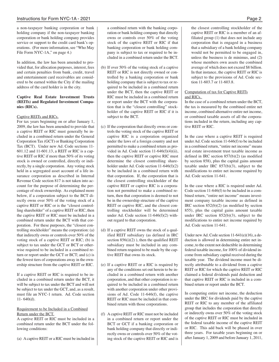 Instructions for Form NYC-1A Combined Tax Return for Banking Corporations - New York City, Page 2