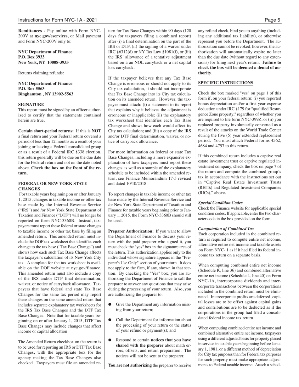 Instructions for Form NYC-1A Combined Tax Return for Banking Corporations - New York City, Page 5