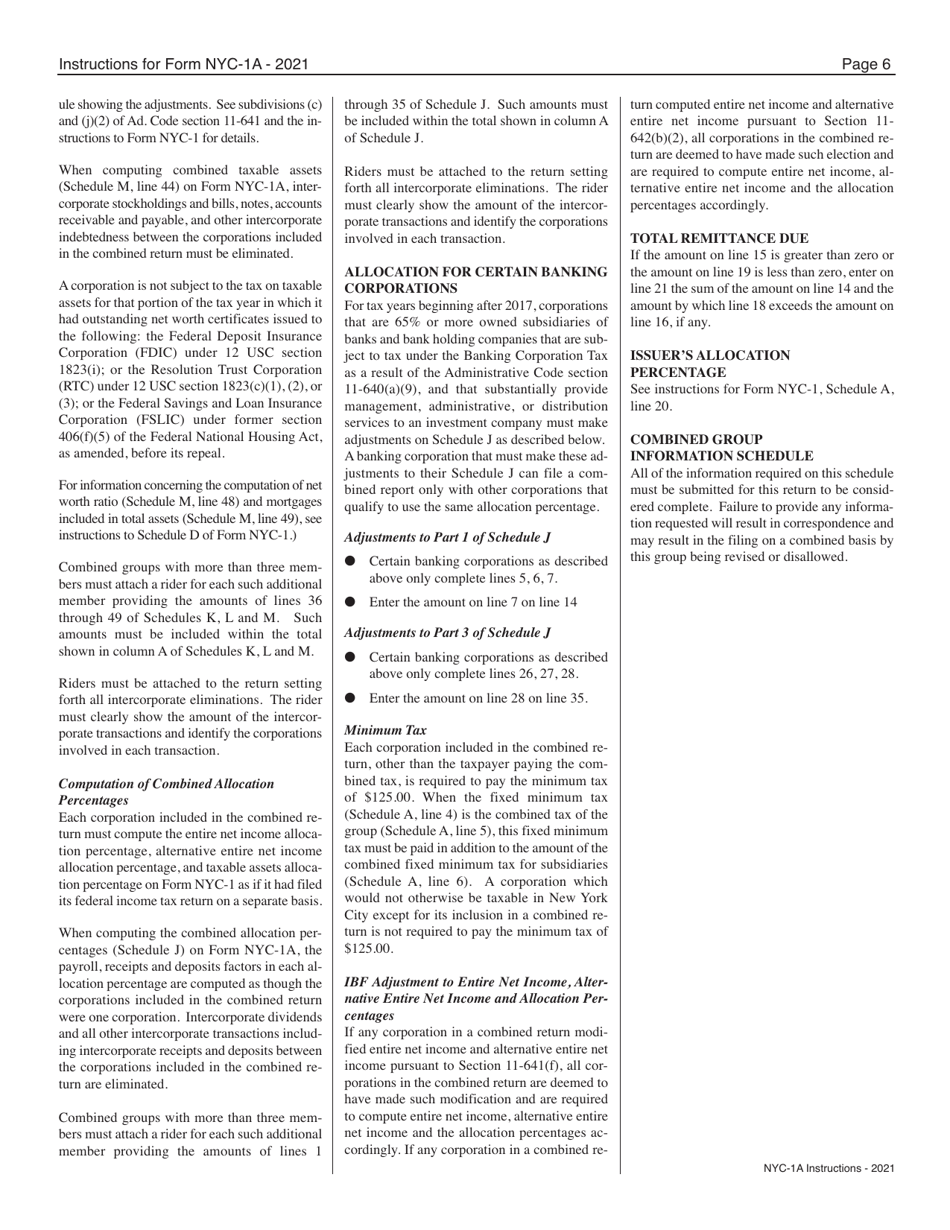 Instructions for Form NYC-1A Combined Tax Return for Banking Corporations - New York City, Page 6