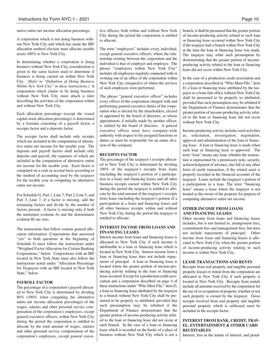 Instructions for Form NYC-1 Tax Return for Banking Corporations - New York City, Page 10