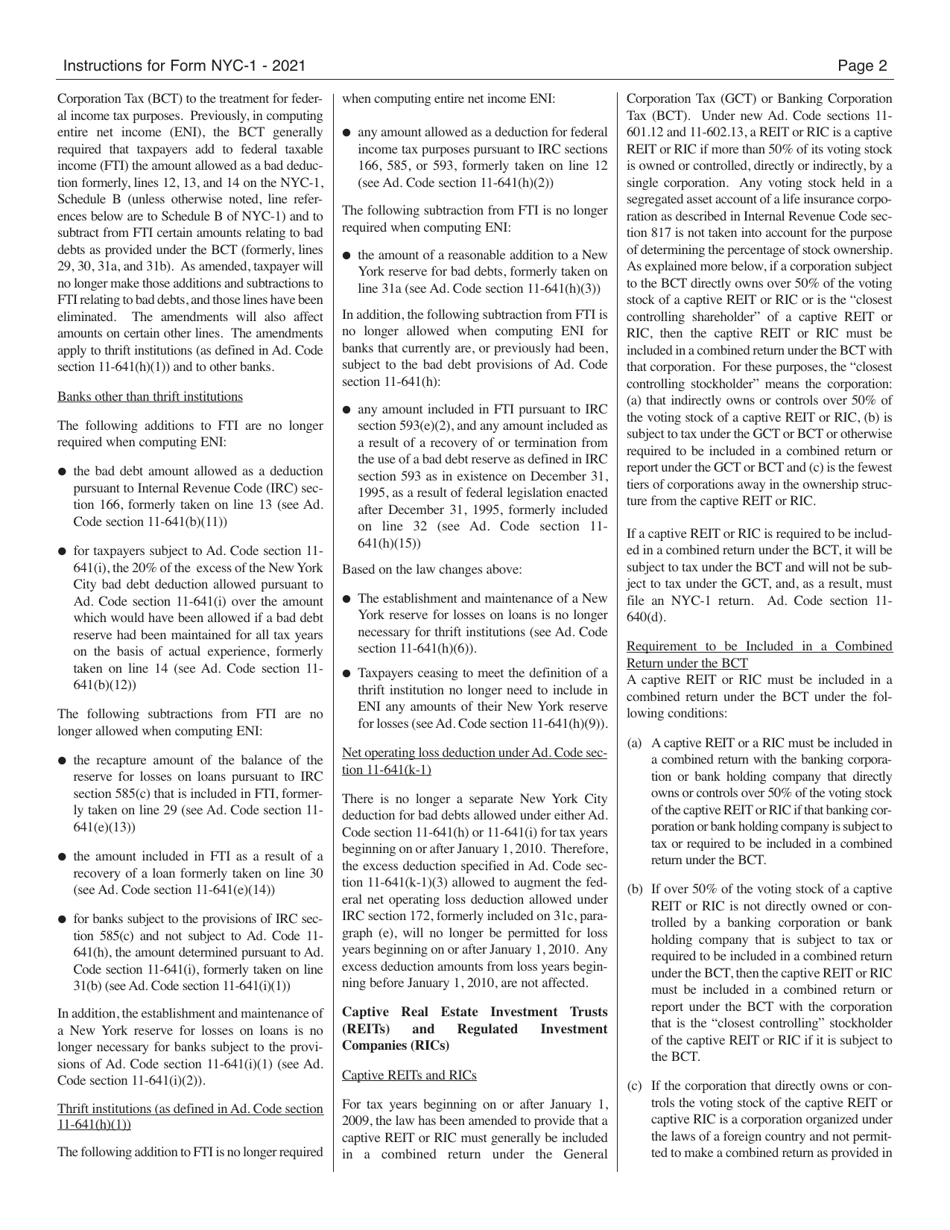 Instructions for Form NYC-1 Tax Return for Banking Corporations - New York City, Page 2