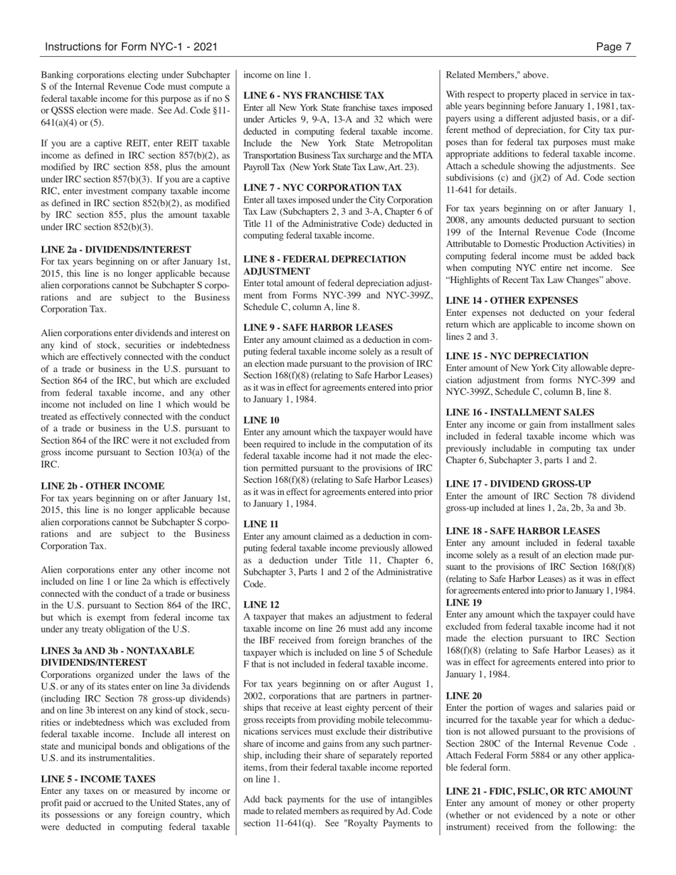 Download Instructions for Form NYC1 Tax Return for Banking Corporations PDF, 2021 Templateroller
