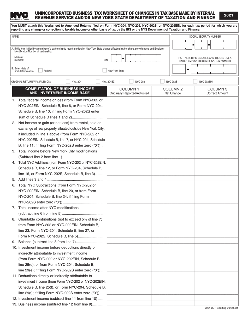 Unincorporated Business Tax Worksheet of Changes in Tax Base Made by Internal Revenue Service and / or New York State Department of Taxation and Finance - New York City, Page 1