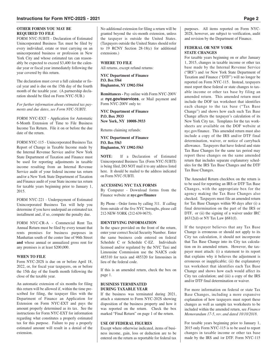 Instructions for Form NYC-202S Unincorporated Business Tax Return for Individuals - New York City, Page 2