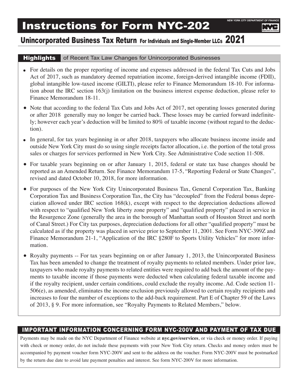 Download Instructions for Form NYC202 Unincorporated Business Tax