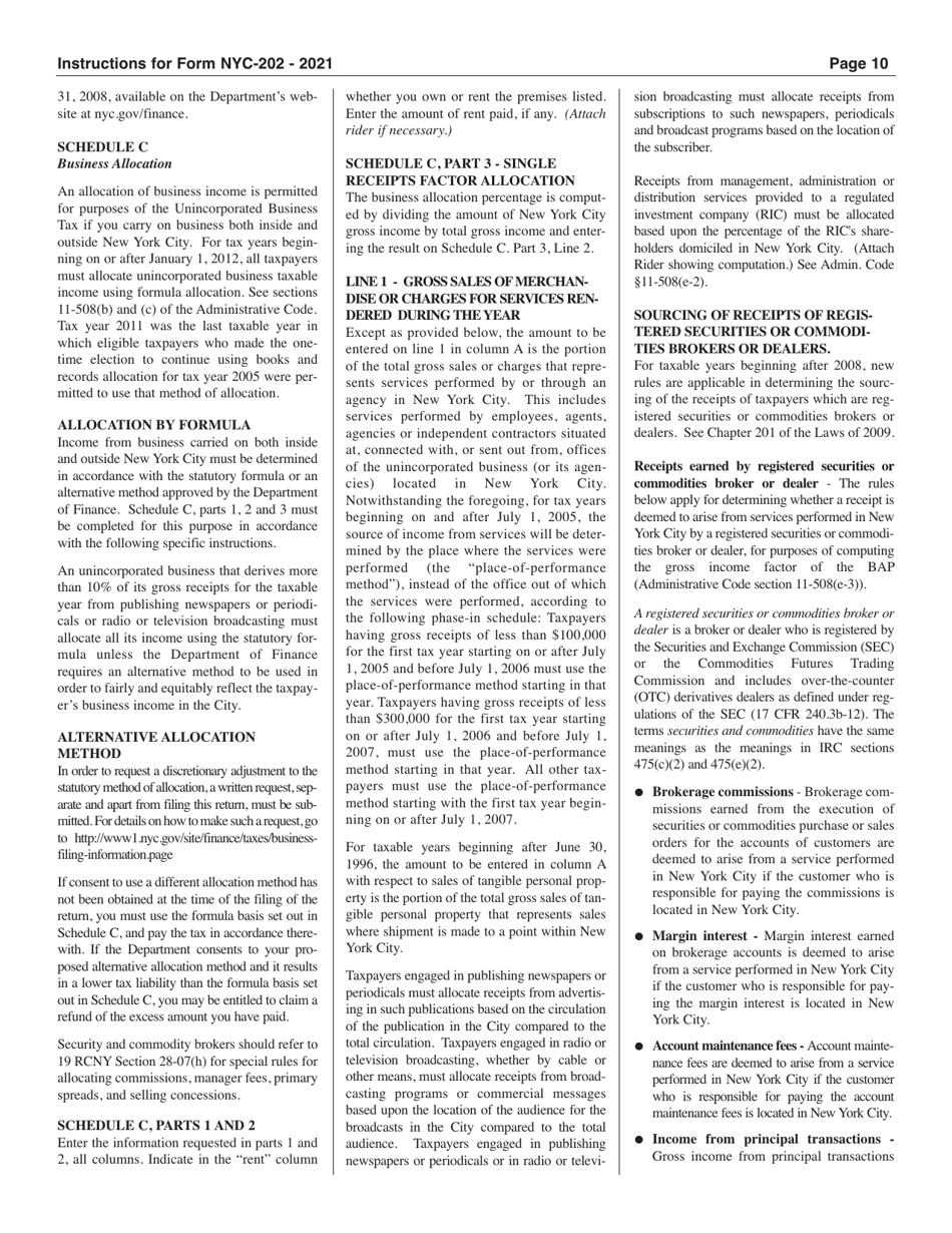 Instructions for Form NYC-202 Unincorporated Business Tax Return for Individuals and Single-Member Llcs - New York City, Page 10