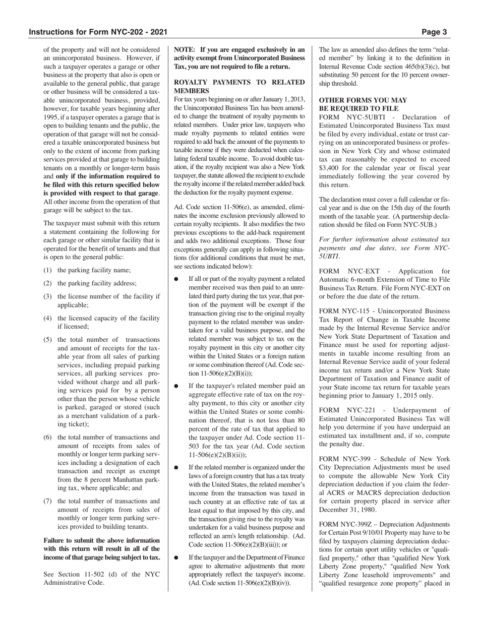 Download Instructions for Form NYC202 Unincorporated Business Tax