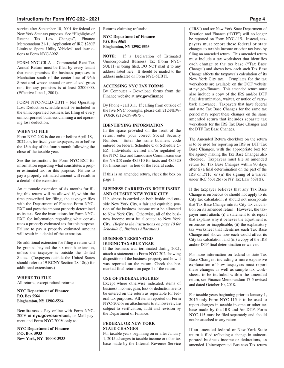 Download Instructions for Form NYC202 Unincorporated Business Tax