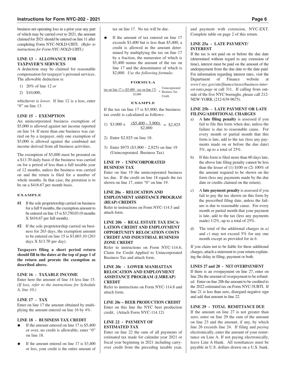 Download Instructions for Form NYC202 Unincorporated Business Tax