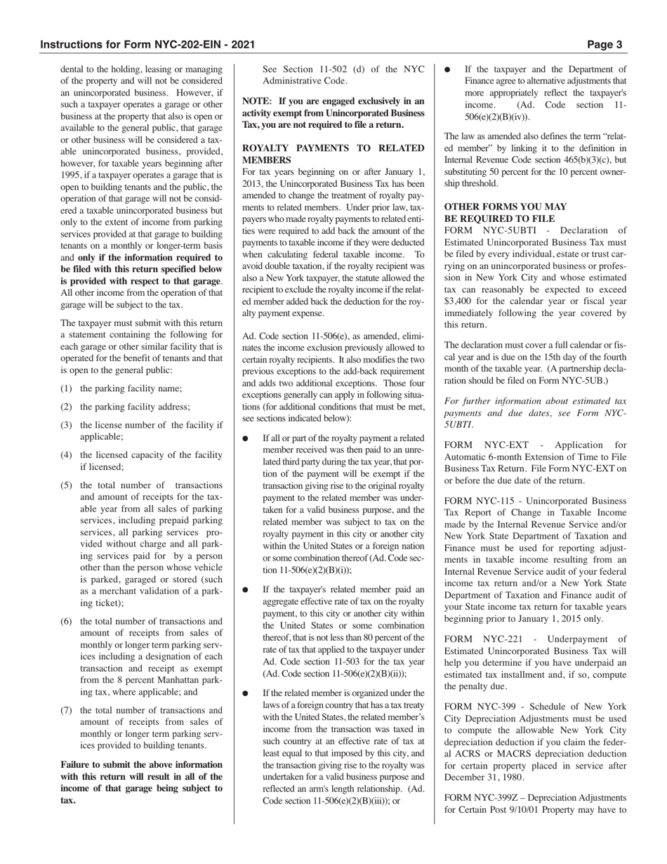 Instructions for Form NYC-202EIN Unincorporated Business Tax Return for Estates and Trusts - New York City, Page 3
