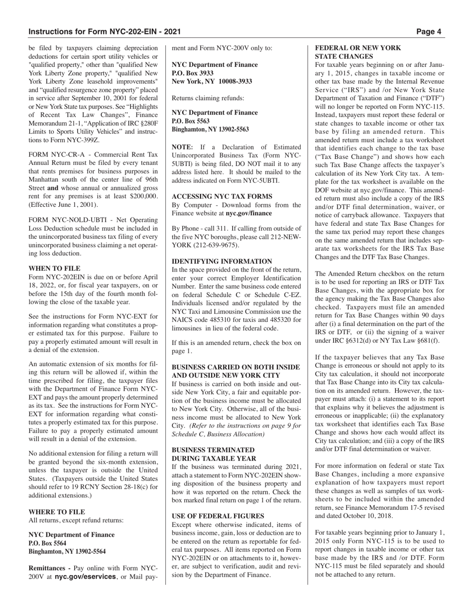 Instructions for Form NYC-202EIN Unincorporated Business Tax Return for Estates and Trusts - New York City, Page 4
