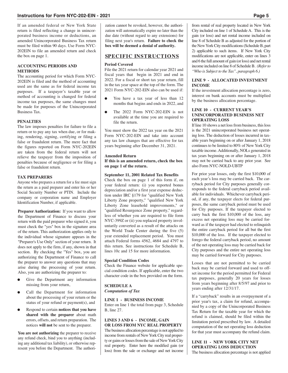 Instructions for Form NYC-202EIN Unincorporated Business Tax Return for Estates and Trusts - New York City, Page 5