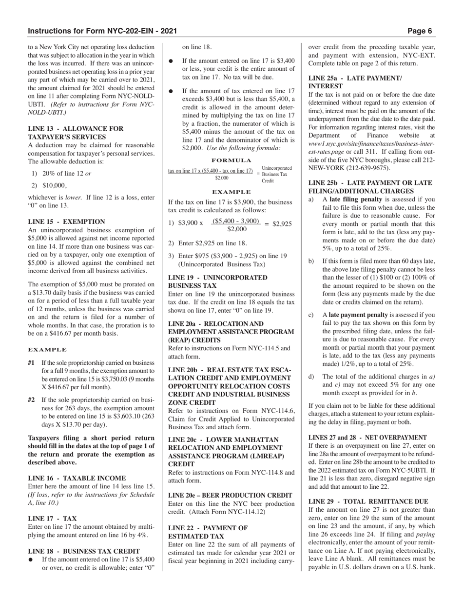 Instructions for Form NYC-202EIN Unincorporated Business Tax Return for Estates and Trusts - New York City, Page 6
