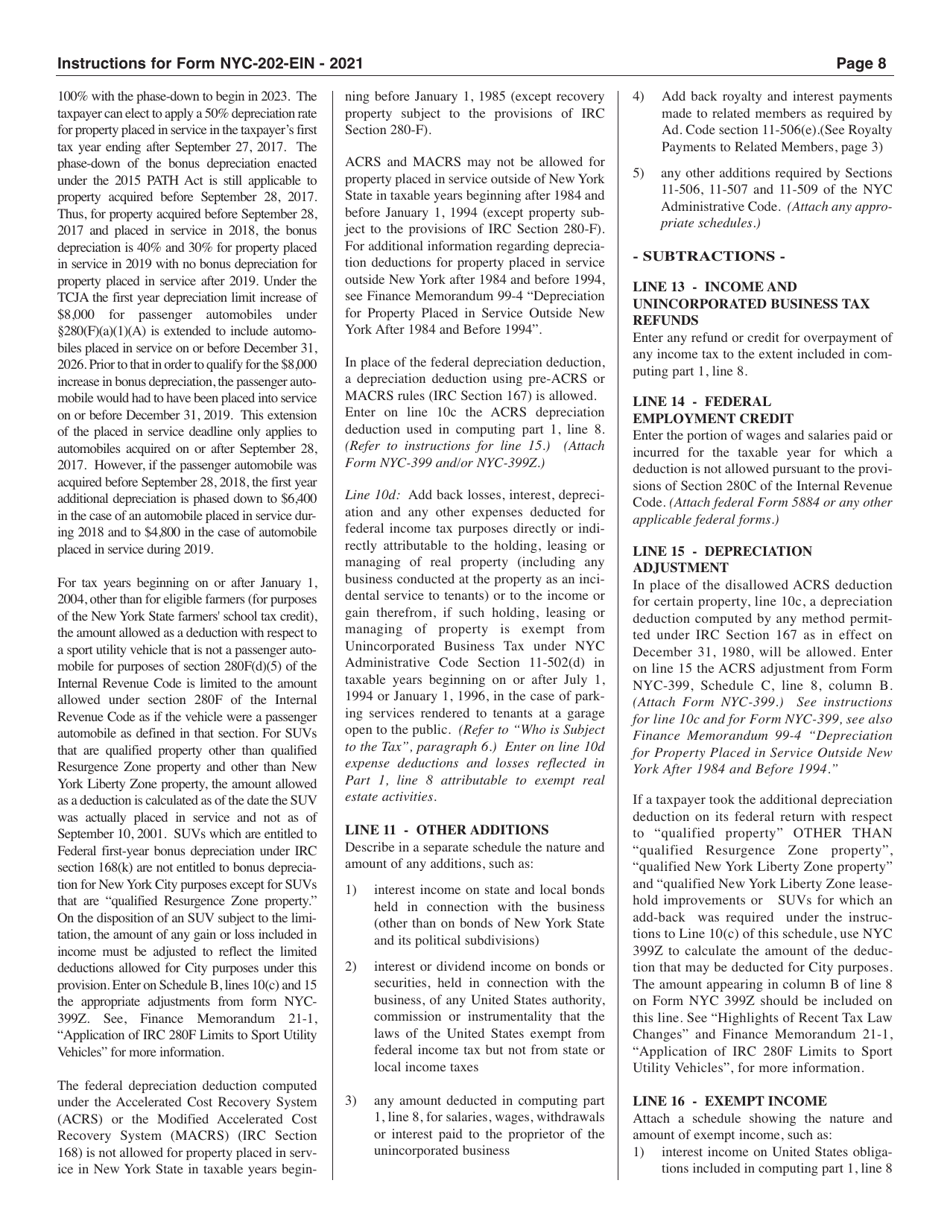 Instructions for Form NYC-202EIN Unincorporated Business Tax Return for Estates and Trusts - New York City, Page 8