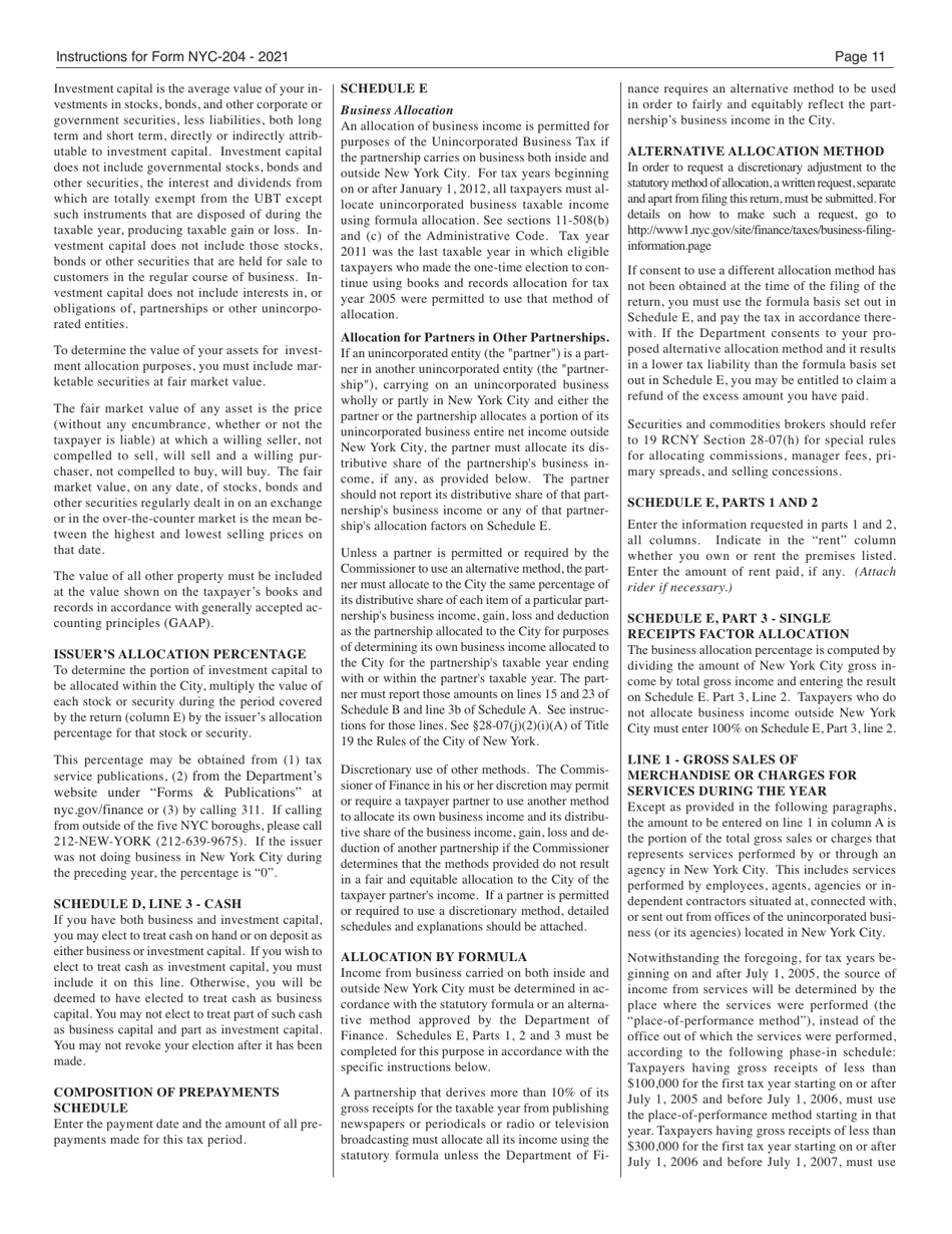 Instructions for Form NYC-204 Unincorporated Business Tax Return for Partnerships (Including Limited Liability Companies) - New York City, Page 11