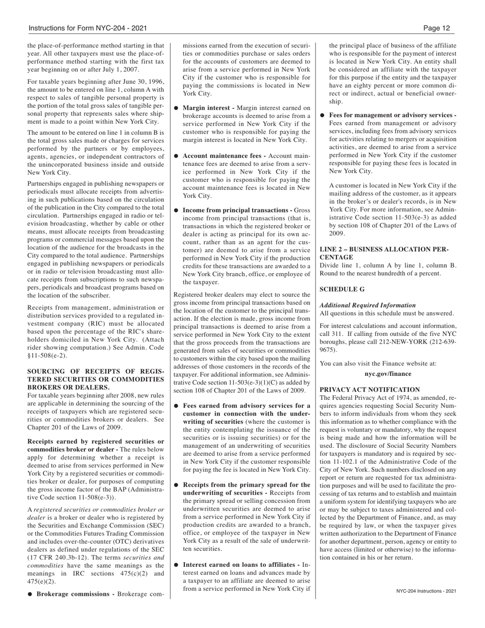 Instructions for Form NYC-204 Unincorporated Business Tax Return for Partnerships (Including Limited Liability Companies) - New York City, Page 12