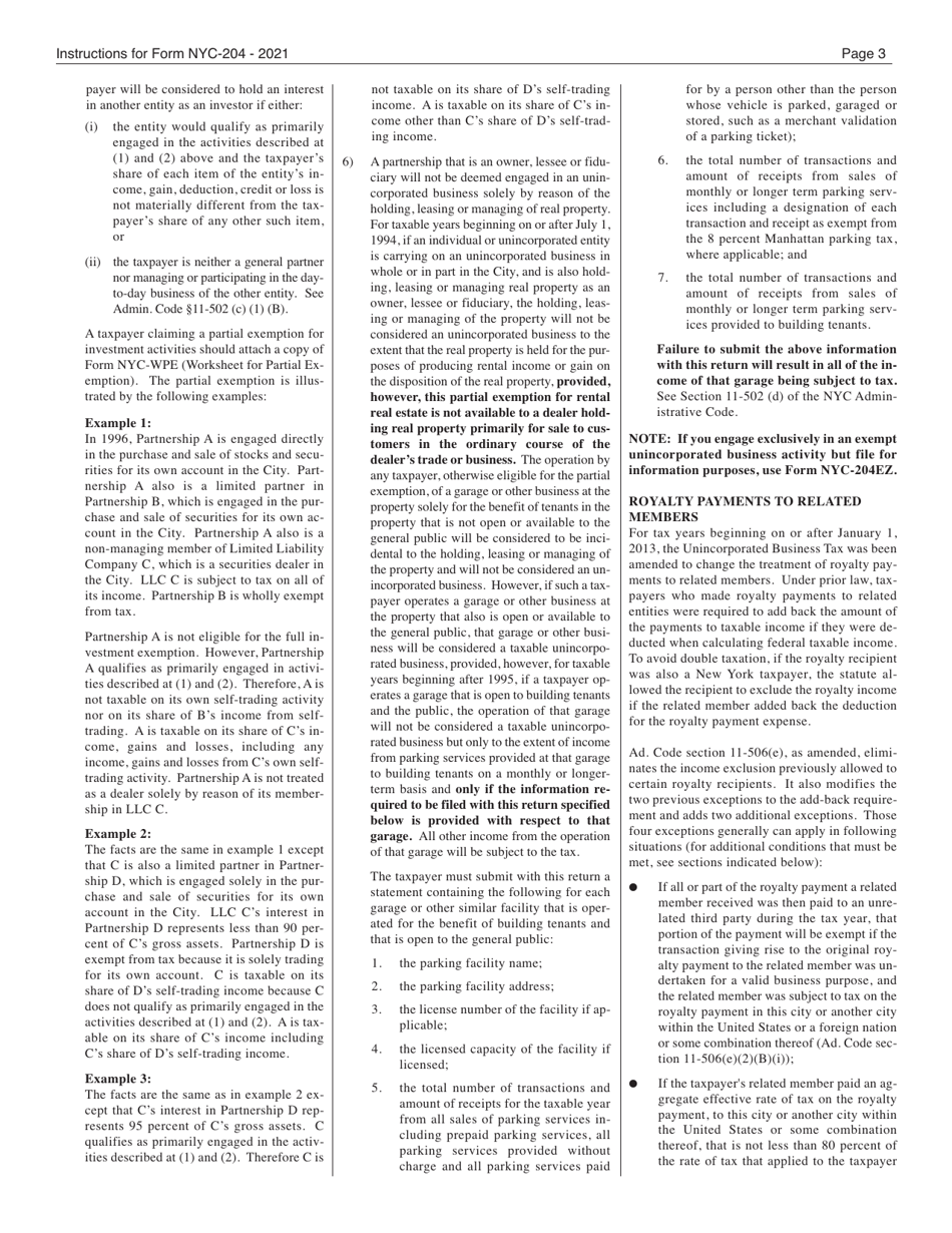 Instructions for Form NYC-204 Unincorporated Business Tax Return for Partnerships (Including Limited Liability Companies) - New York City, Page 3