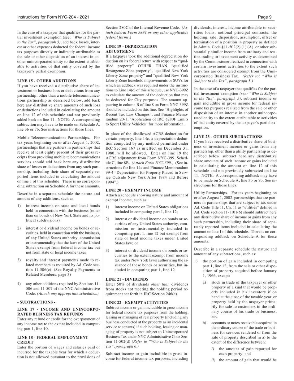 Instructions for Form NYC-204 Unincorporated Business Tax Return for Partnerships (Including Limited Liability Companies) - New York City, Page 9