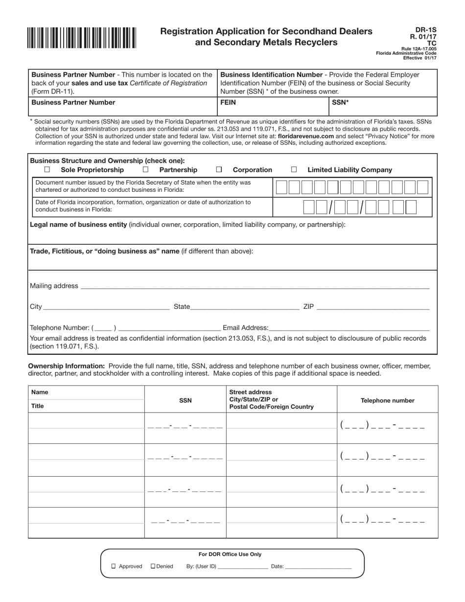 Form DR-1S Registration Application for Secondhand Dealers and Secondary Metals Recyclers - Florida, Page 3