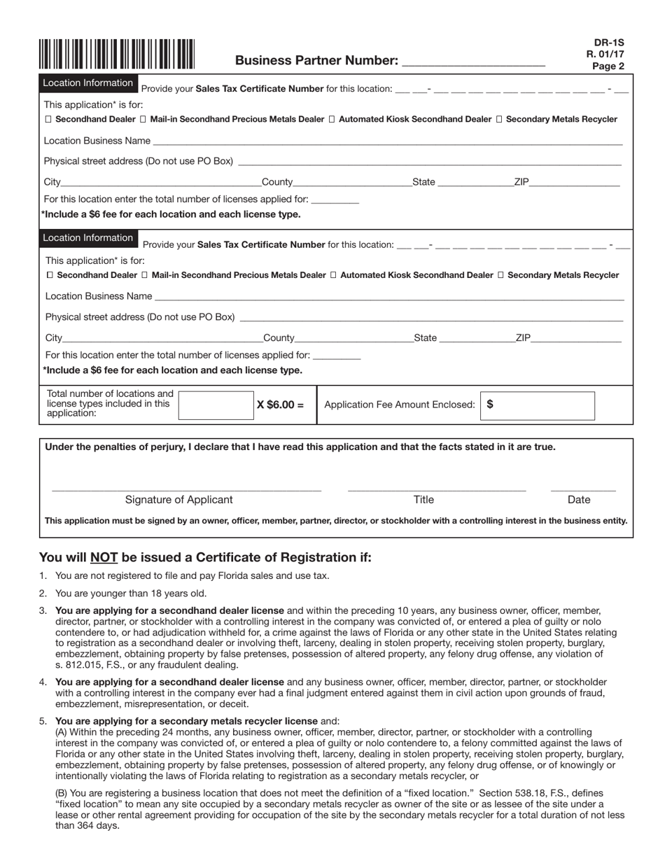 Form DR-1S Registration Application for Secondhand Dealers and Secondary Metals Recyclers - Florida, Page 4