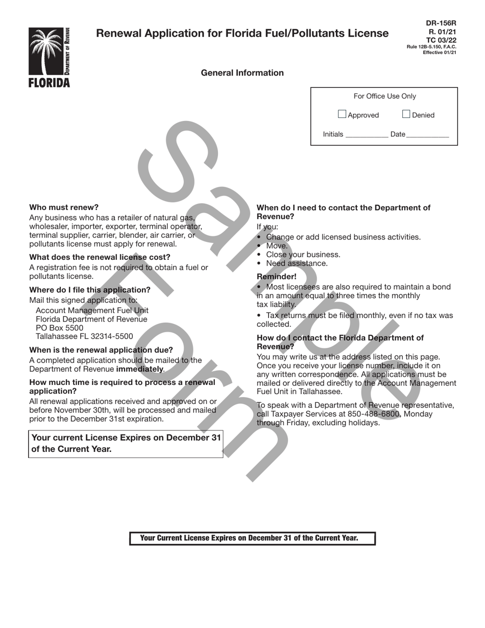 Form DR-156R Renewal Application for Florida Fuel / Pollutants License - Sample - Florida, Page 1