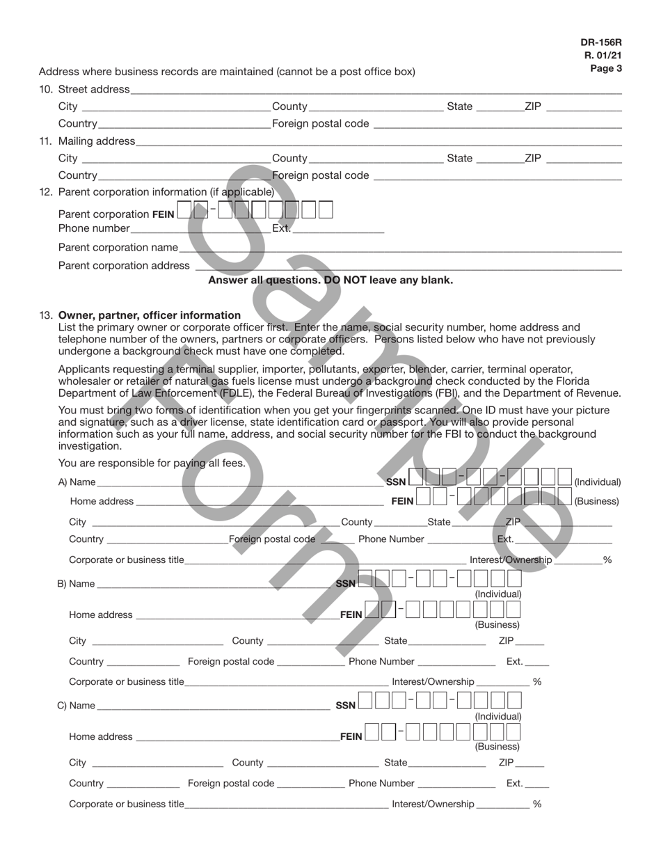 Form DR-156R Renewal Application for Florida Fuel / Pollutants License - Sample - Florida, Page 4