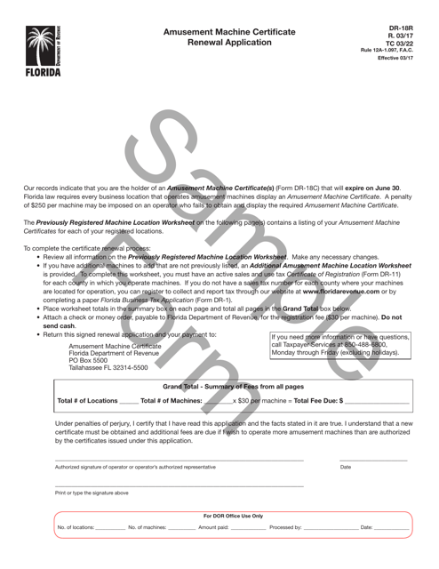 Form DR-18R Amusement Machine Certificate Renewal Application - Sample - Florida