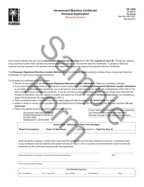 Form DR-18RS Amusement Machine Certificate Renewal Application - Second Notice - Sample - Florida