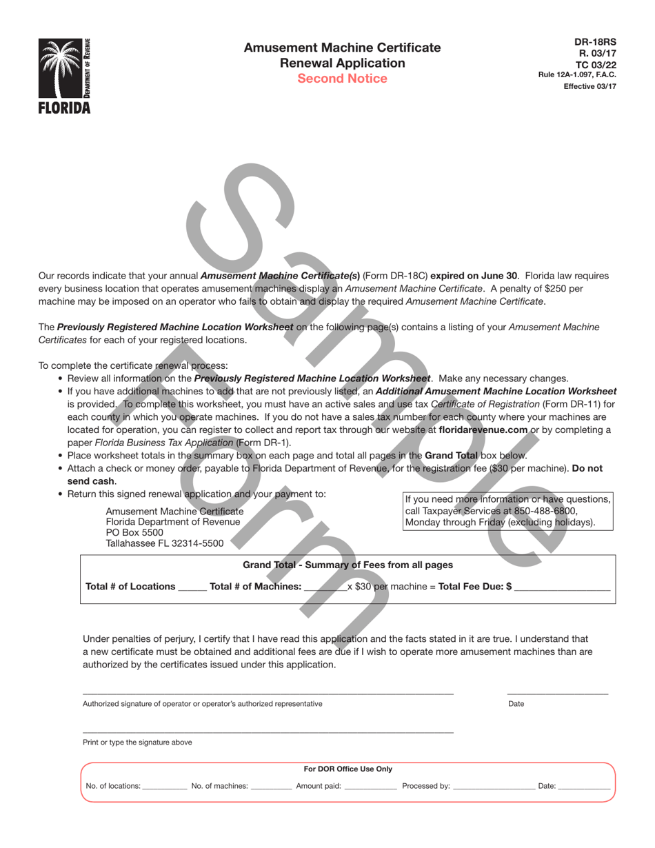 Form DR-18RS Amusement Machine Certificate Renewal Application - Second Notice - Sample - Florida, Page 1