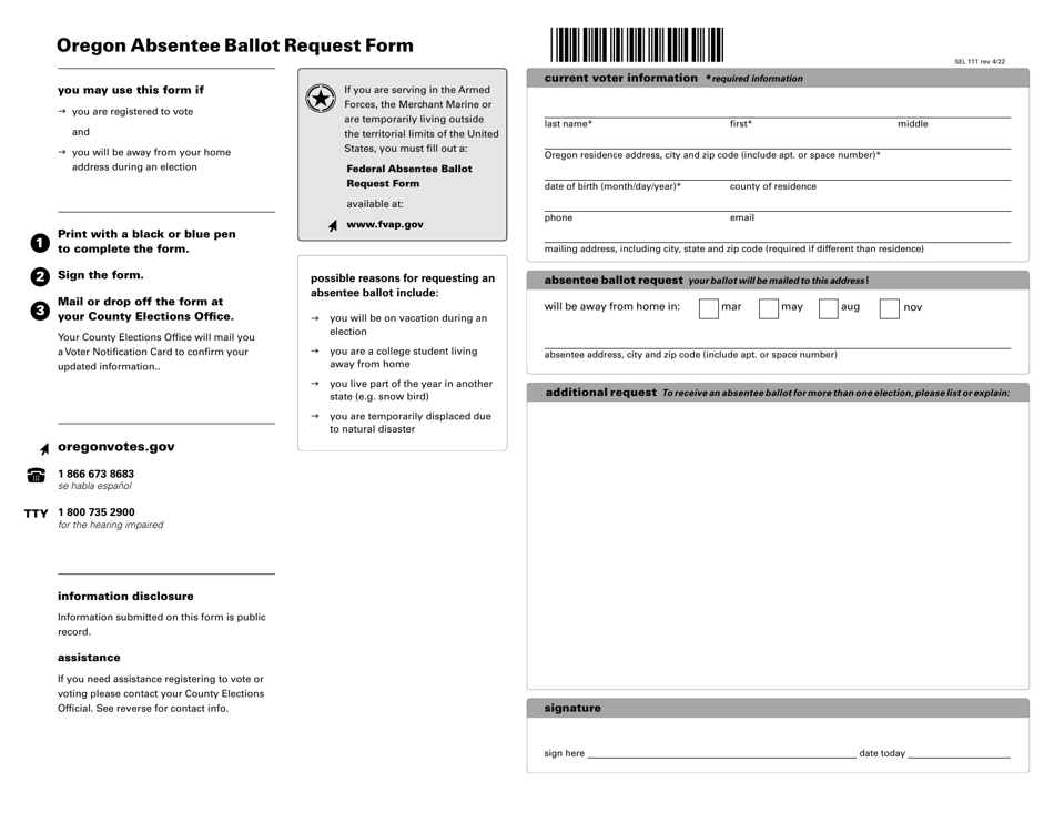 Form SEL111 Oregon Absentee Ballot Request Form - Oregon, Page 1