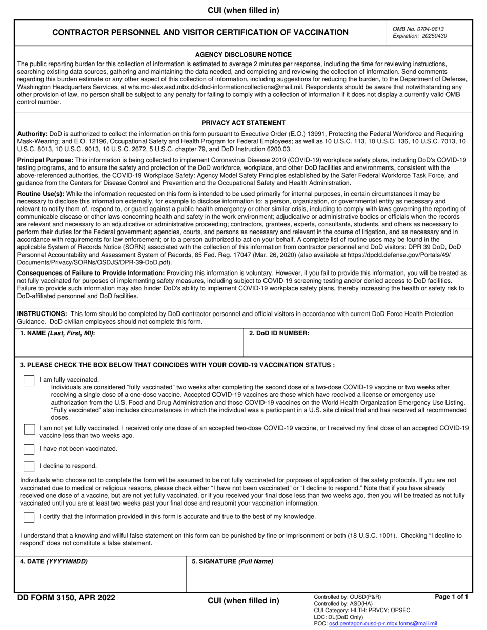 DD Form 3150 Contractor Personnel and Visitor Certification of Vaccination, Page 1