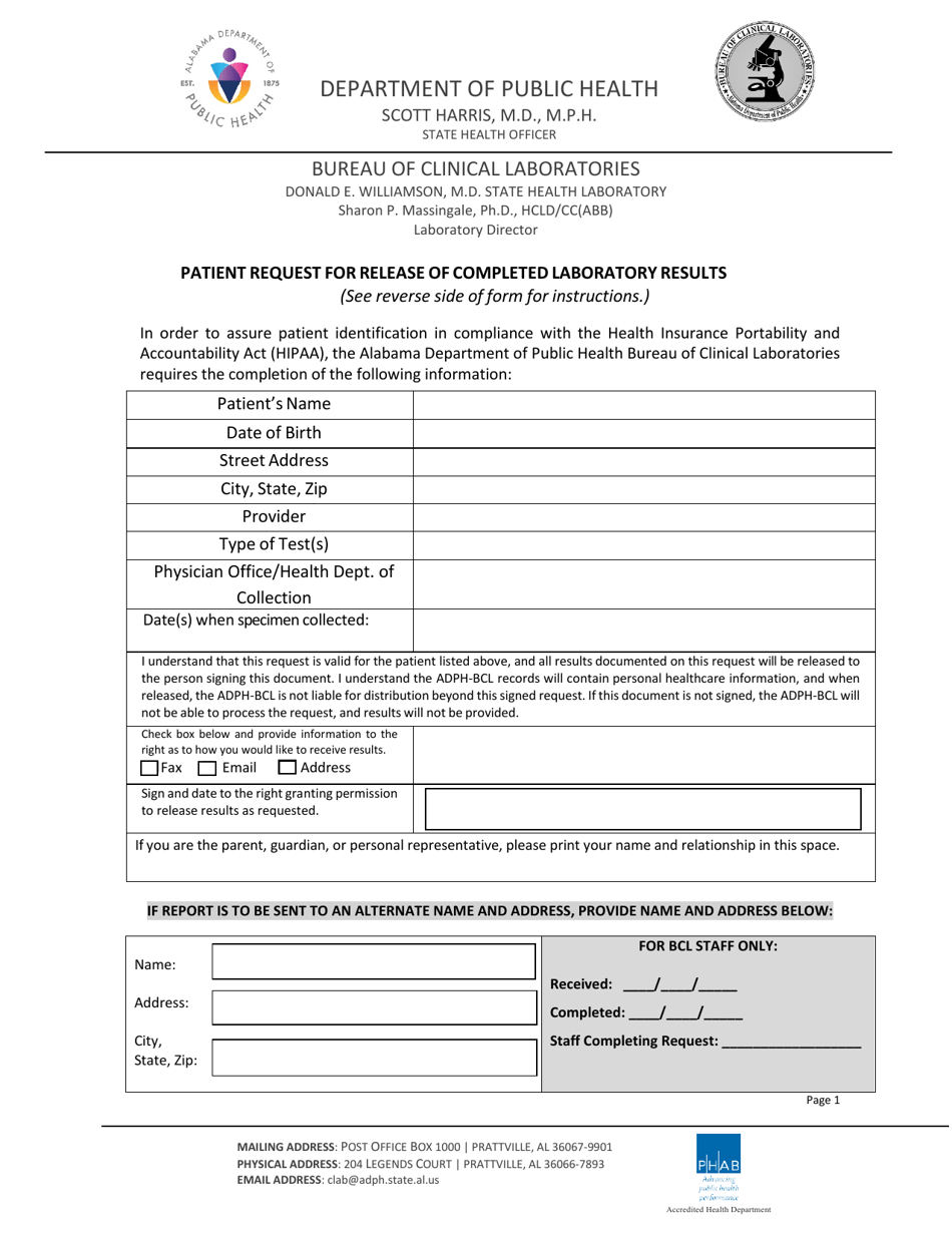 Form BCL325 Patient Request for Release of Completed Laboratory Results - Alabama, Page 1